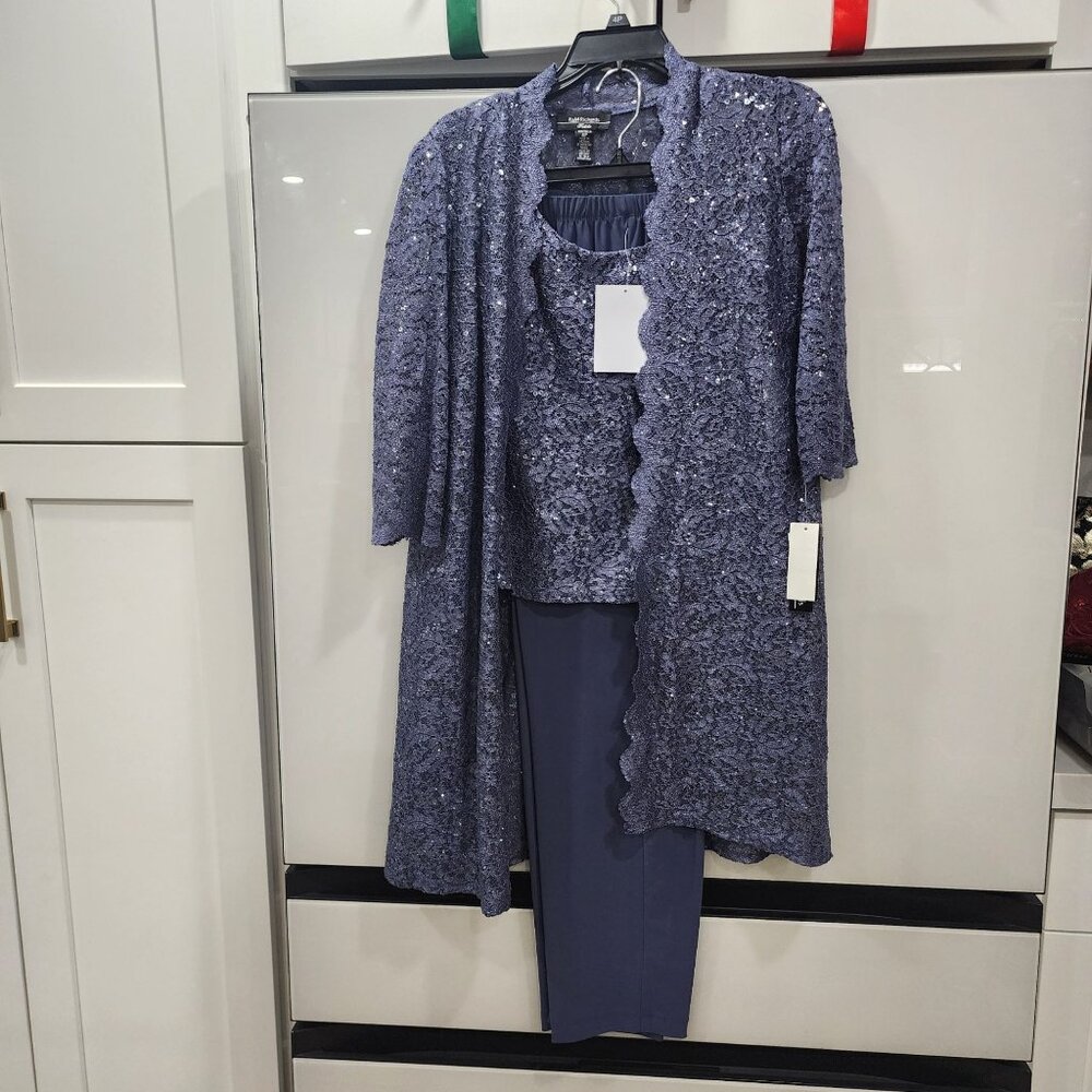 R&M Richards 3 Piece Set Lace Jacket Tank & Pants Size 4P Cadet Blue Womens Eleg - Picture 2 of 5